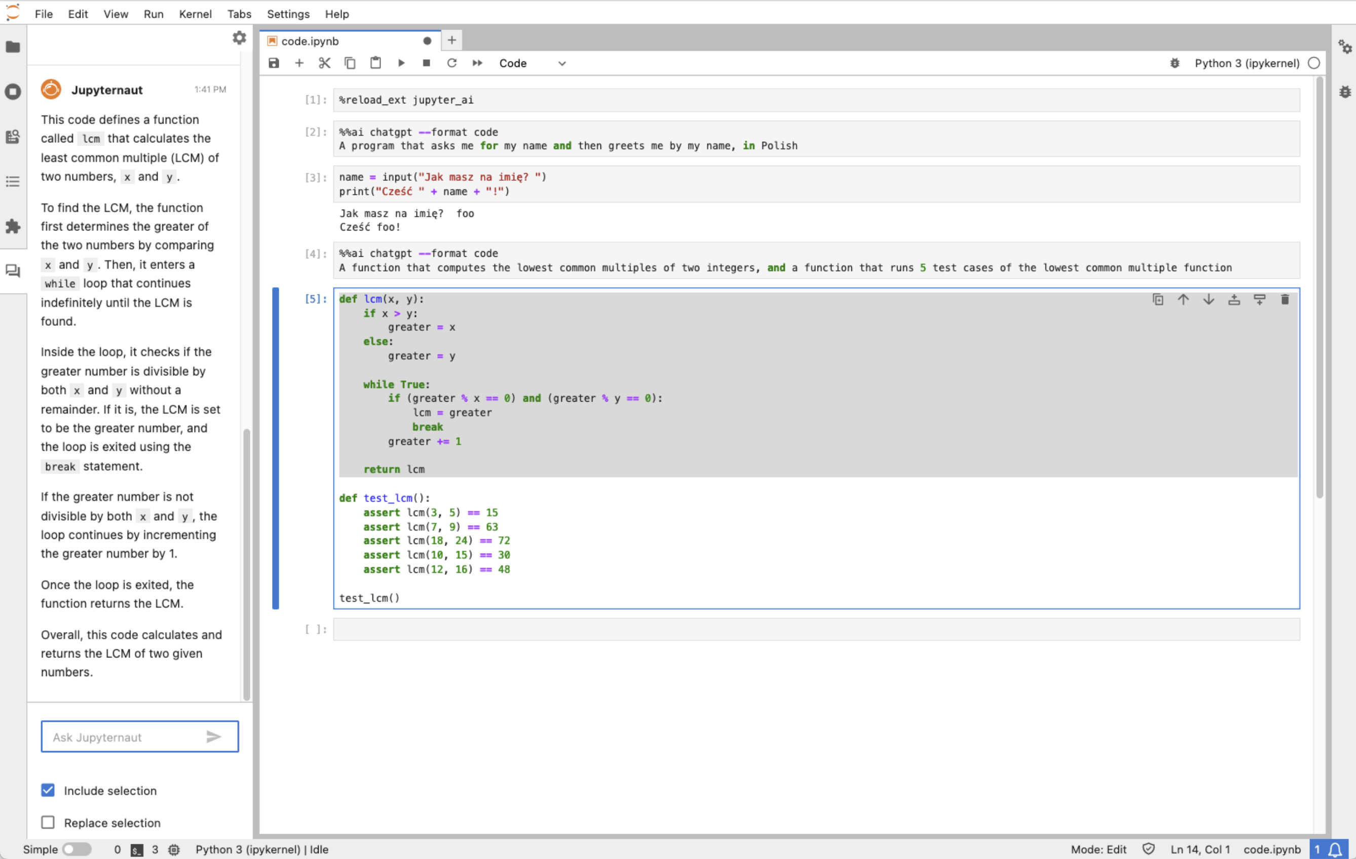 Jupyter-ai에서 실제 대화창을 이용해 코드 작성을 요창하는 화면