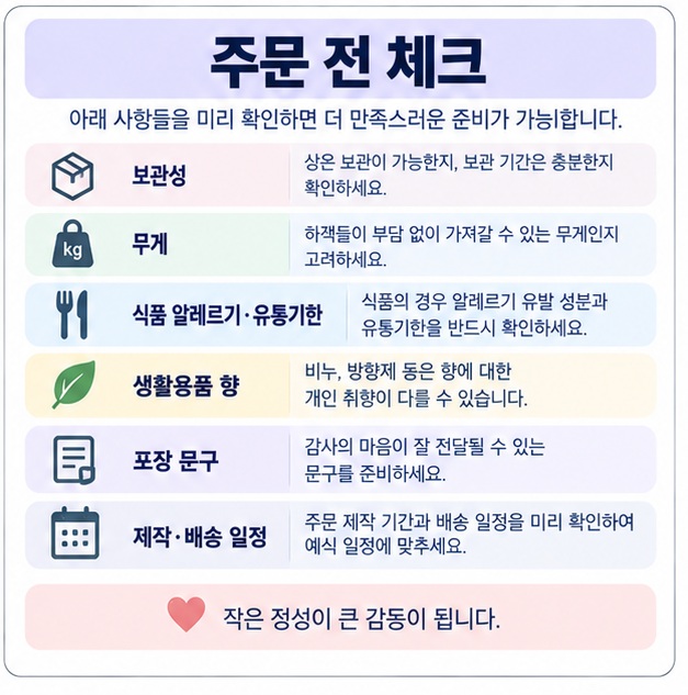 보관성 무게 알레르기 향 포장 여유 수량을 확인하는 결혼 답례품 선택 체크리스트 이미지