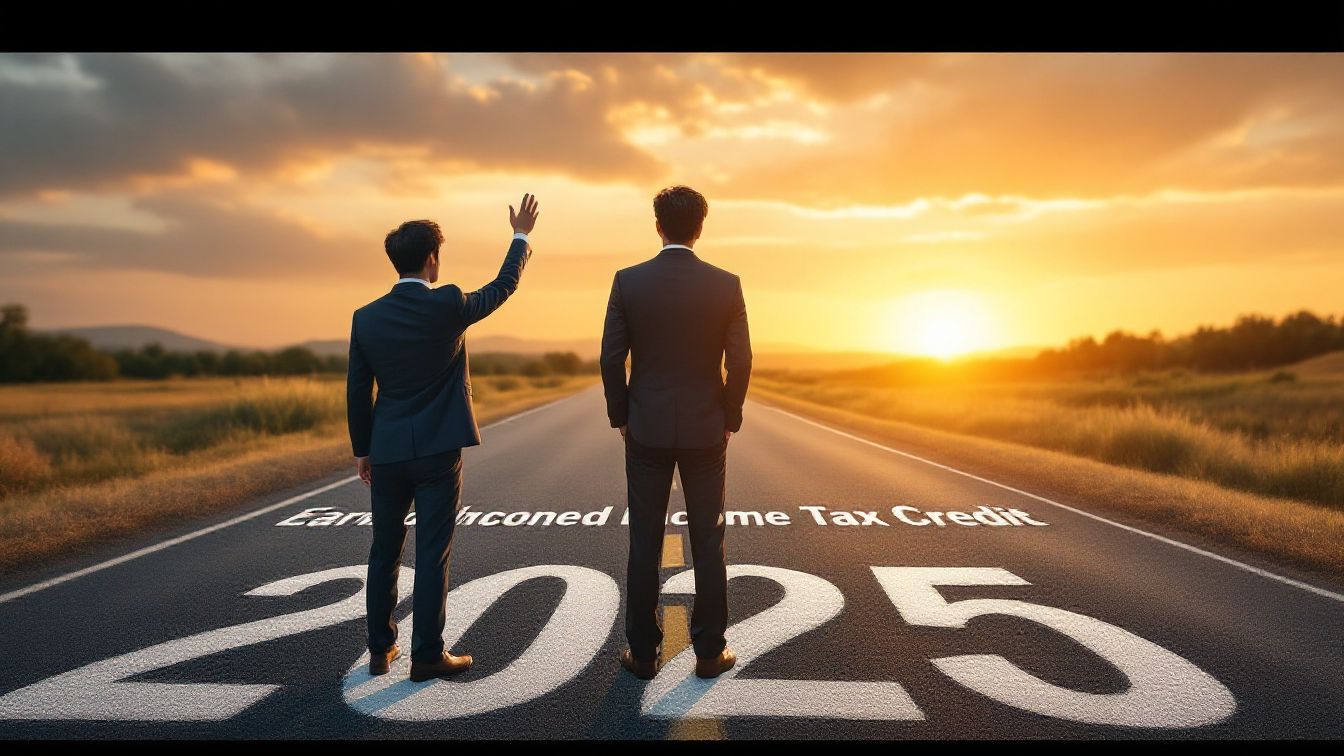 2025년 근로장려금 신청을 앞두고 정부지원이라는 희망의 길을 바라보는 정장 차림의 두 남성의 뒷모습. 도로에는 2025와 Earned Income Tax Credit이라는 글씨가 쓰여 있다.