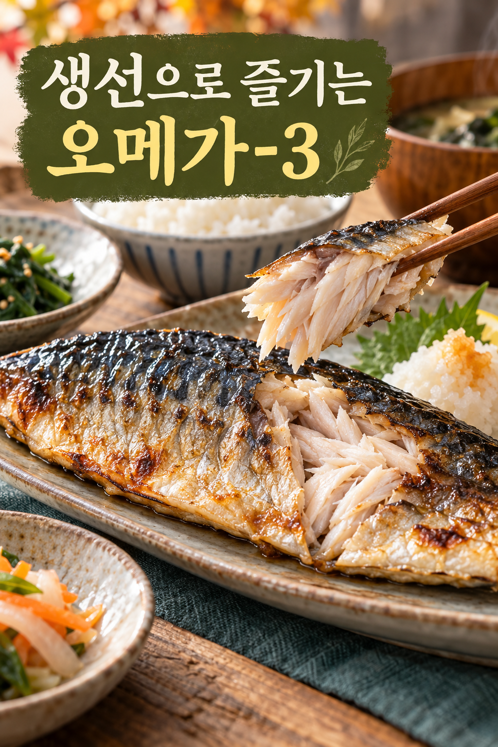 익힌 고등어의 살결과 생선 자체의 지방을 보여주는 실사 장면.