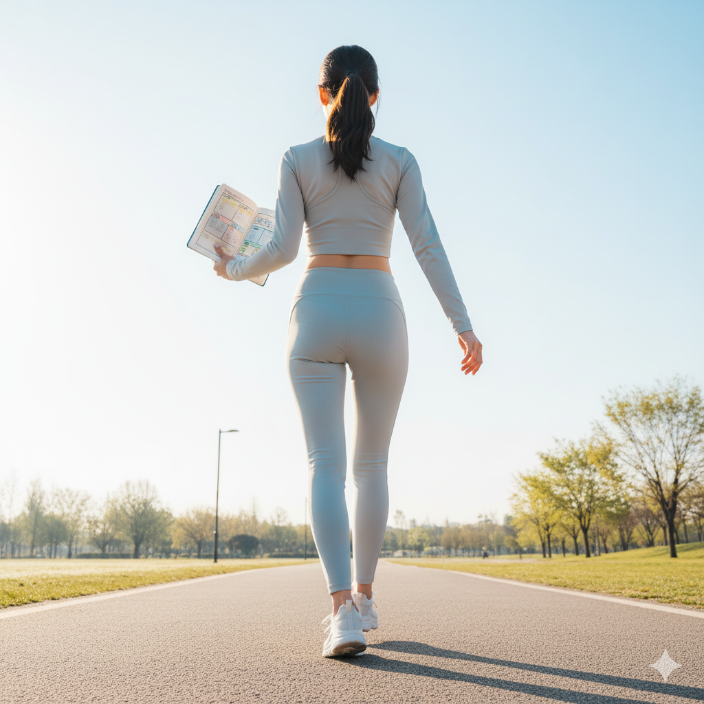 새해 아침, 밝은 햇살 속에서 완성된 성장 로드맵(만다라트) 노트를 들고 희망차게 앞을 향해 걷는 여성의 뒷모습.