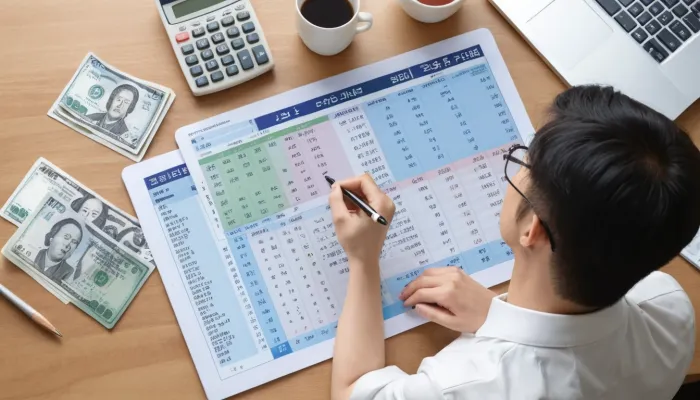 뱀띠 운세에 따라 금전 흐름을 예측하고 계산기를 활용하는 모습