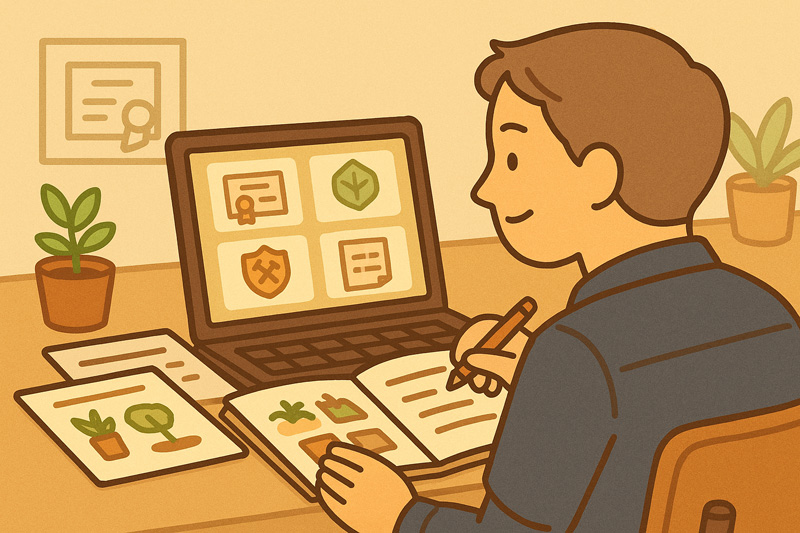 30대 남성이 노트북으로 자격증 관련 정보를 검색하며 노트에 메모하는 모습, 화면에 다양한 자격증 아이콘이 표시됨