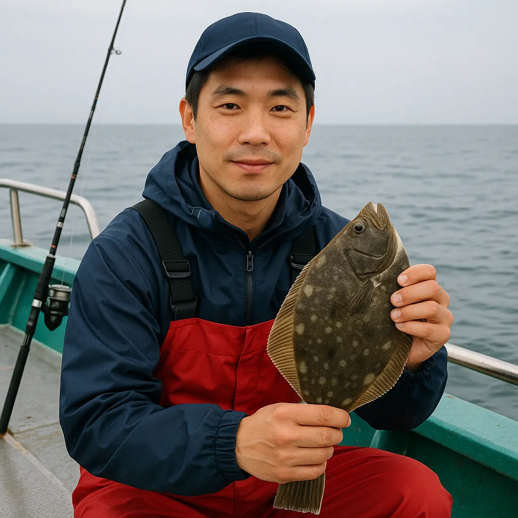 6월 낚싯배 위에서 광어를 들고 있는 낚시꾼