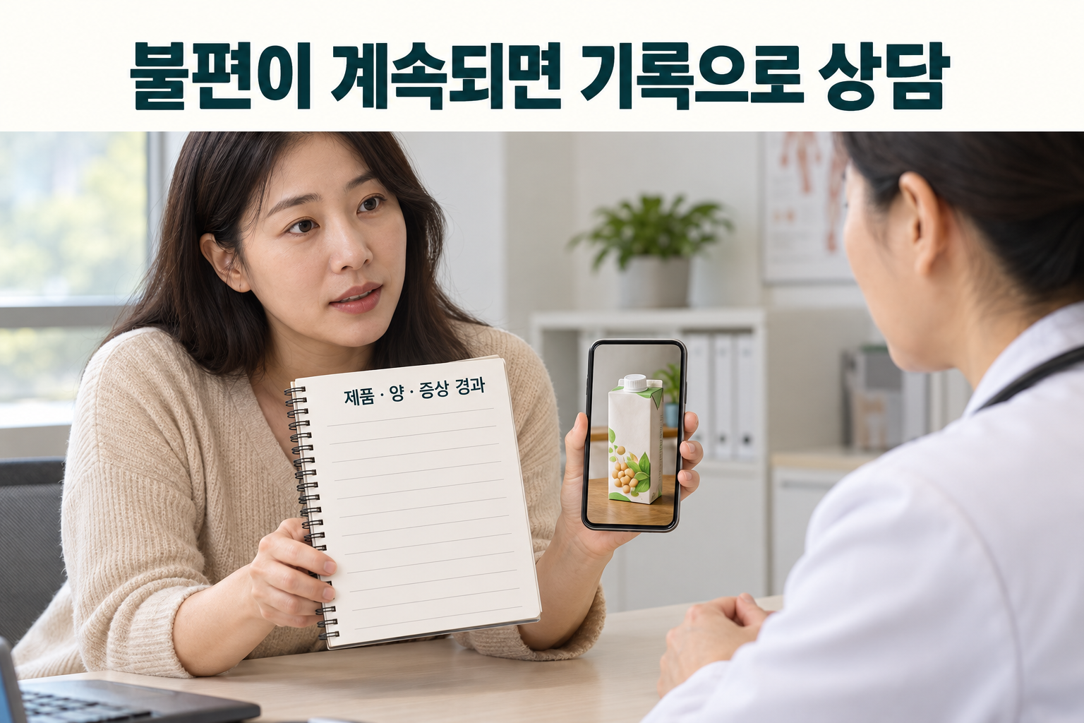 제품 포장 사진과 먹은 양 및 불편 경과를 정리한 기록을 의료진에게 보여주는 성인