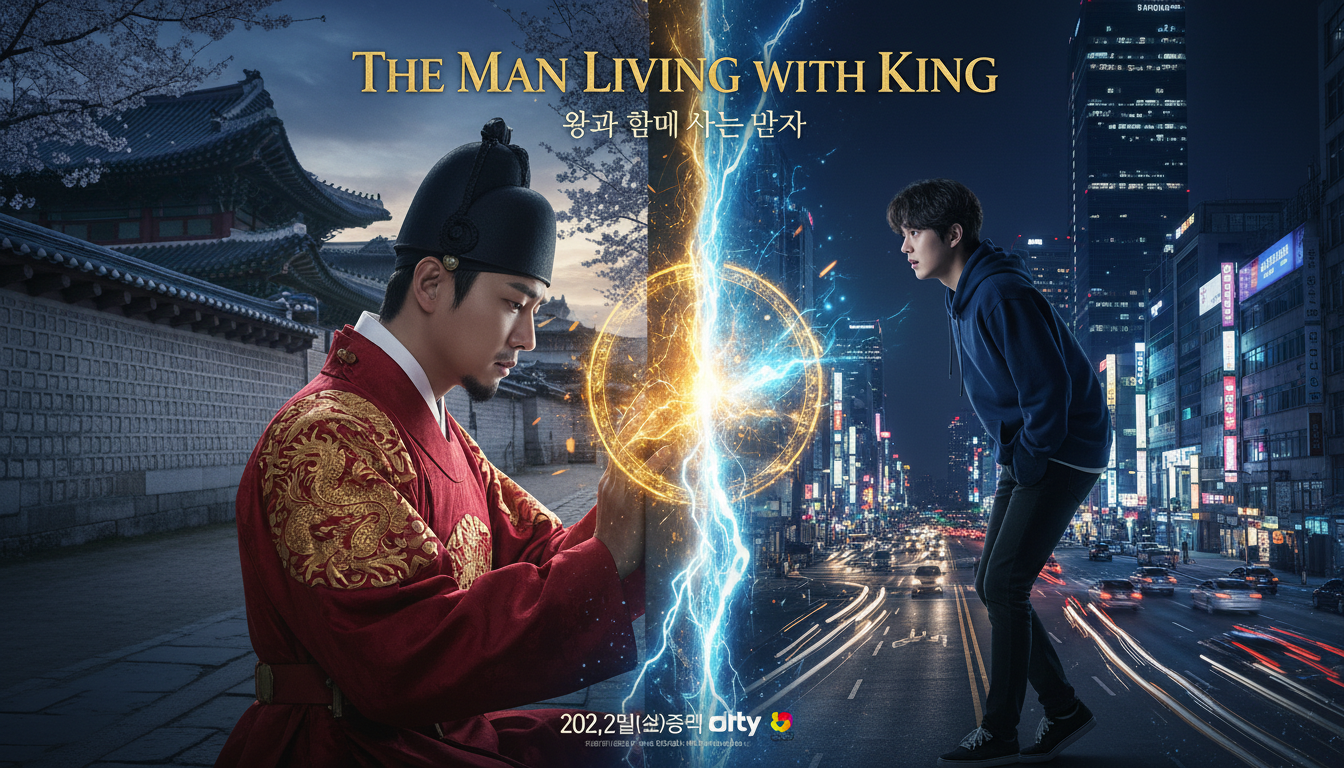 드라마 왕과 사는 남자 공식 포스터, 조선의 왕 이헌과 현대의 강민우가 시공간을 넘어 서로를 바라보는 모습