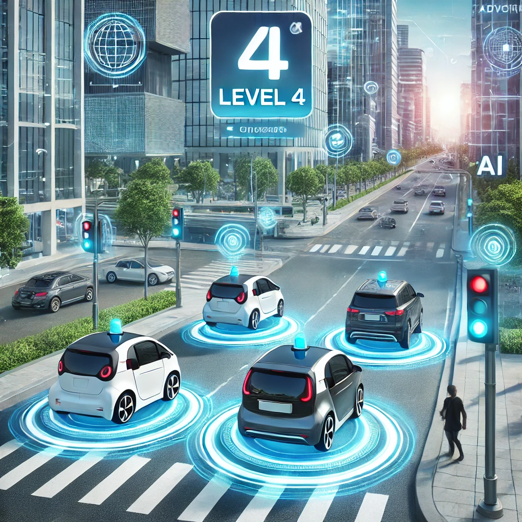 스마트 도시에서 레벨 4 자율주행 차량이 AI 교통 신호와 조화를 이루며 운행하는 모습