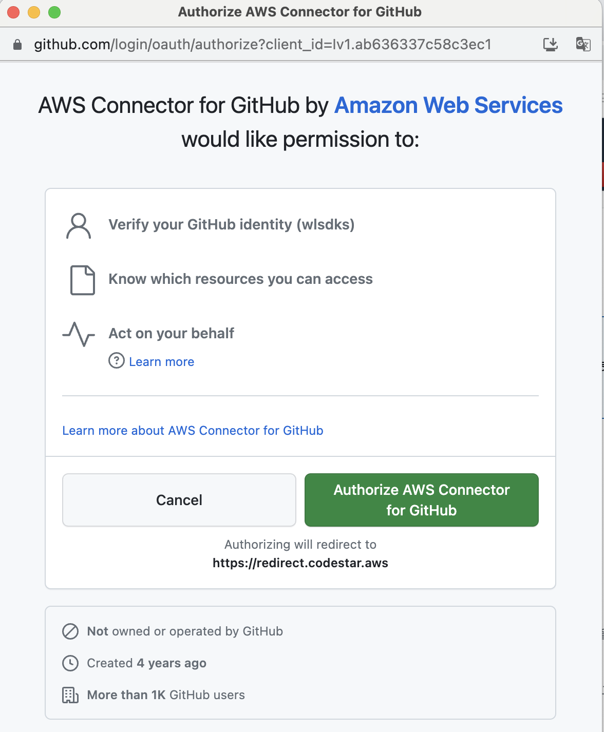 Authorize AWS Connector for GitHub