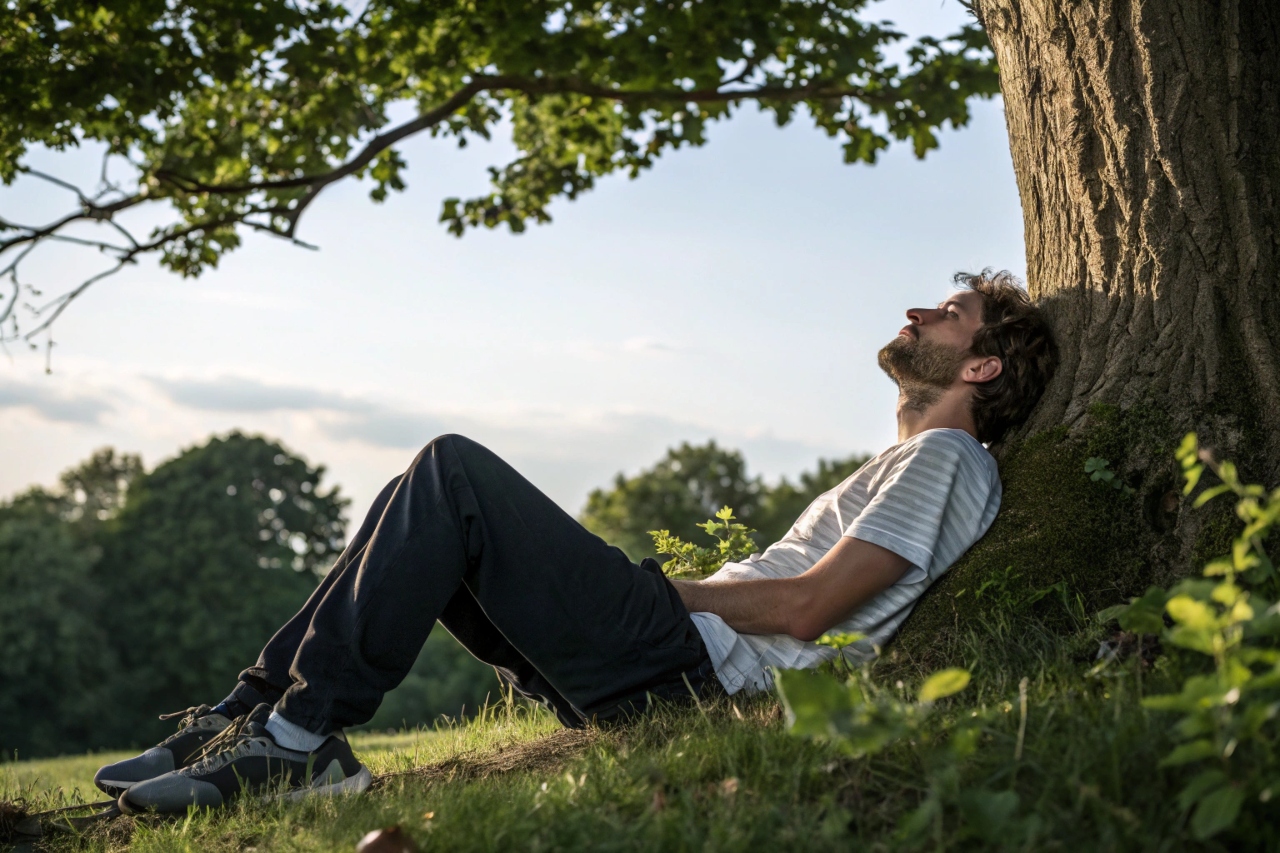 나무 밑에서 휴식을 취하는 남성