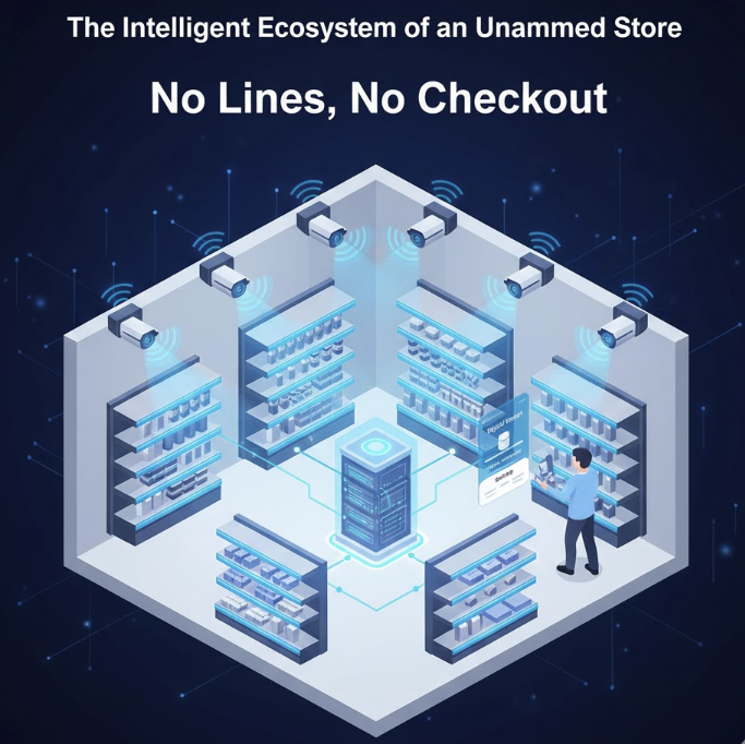 컴퓨터 비전 카메라와 무게 센서 등 다양한 리테일 테크 기술이 융합되어 고객의 쇼핑 동선을 분석하고 자동 결제를 지원하는 미래형 무인 점포의 작동 원리 인포그래픽 이미지.