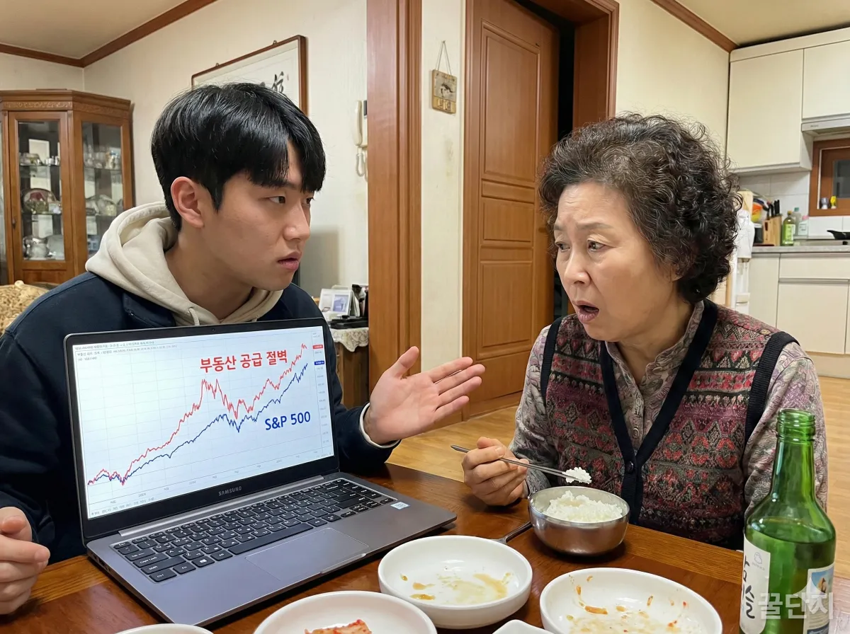 어른들에게 부동산 절벽과 주식 그래프를 설명하는 젊은 한국 남성