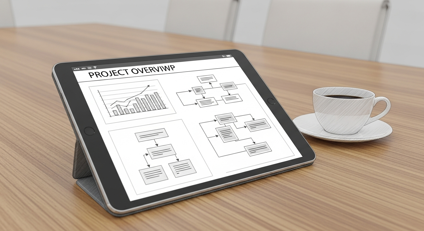 프로젝트 개요를 보여주는 태블릿 화면