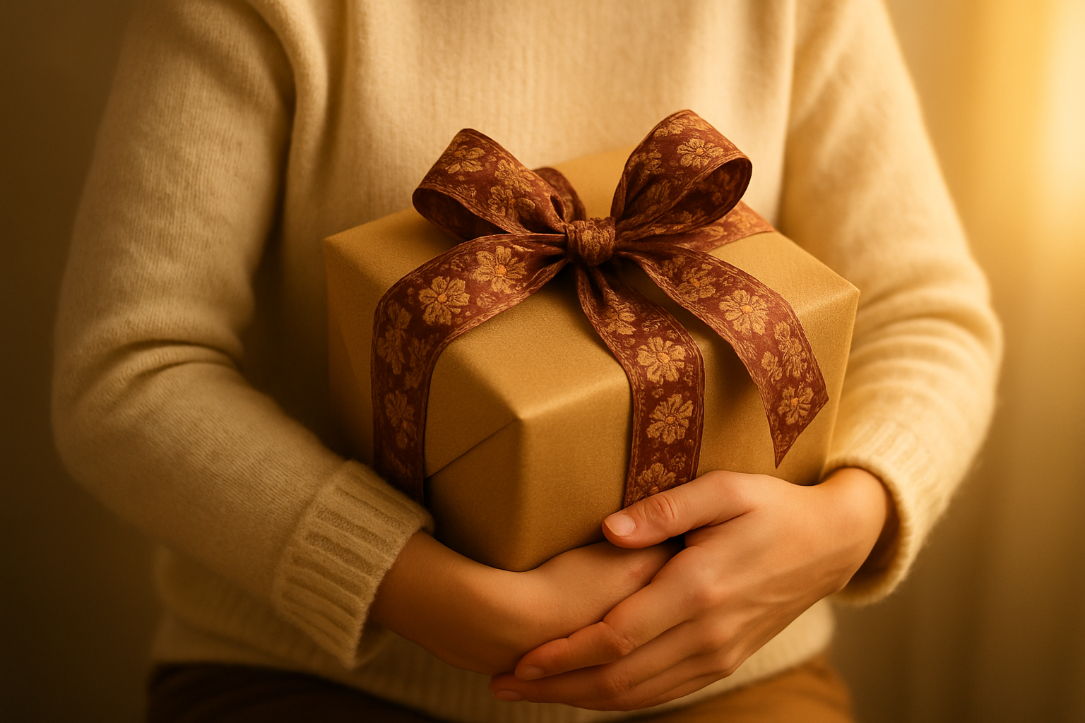 나에게 주는 선물, 수고했어.
선물 상자를 두 팔로 따뜻하게 감싸 안은 사람의 모습, 고요하고 포근한 느낌