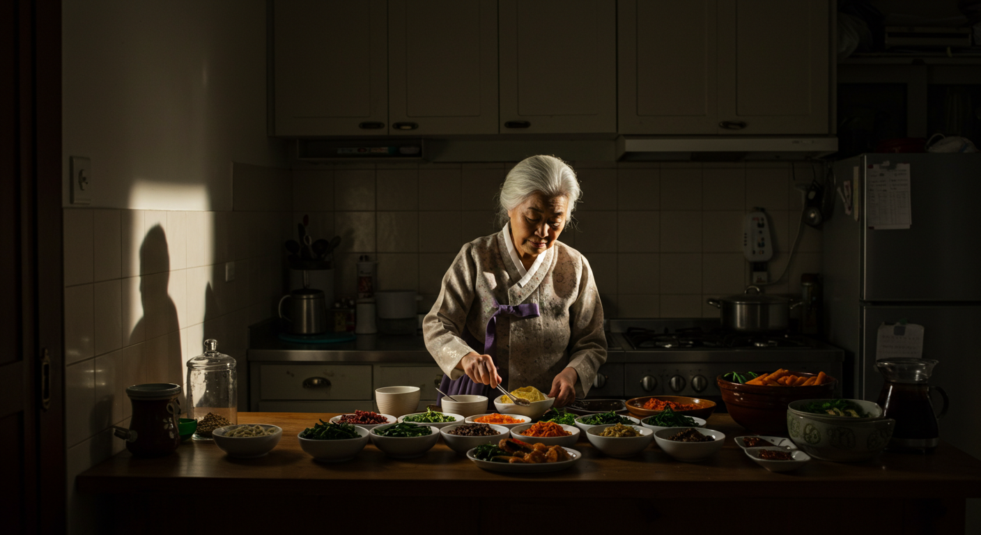 자녀를 기다리며 음식을 준비중인 할머니모습