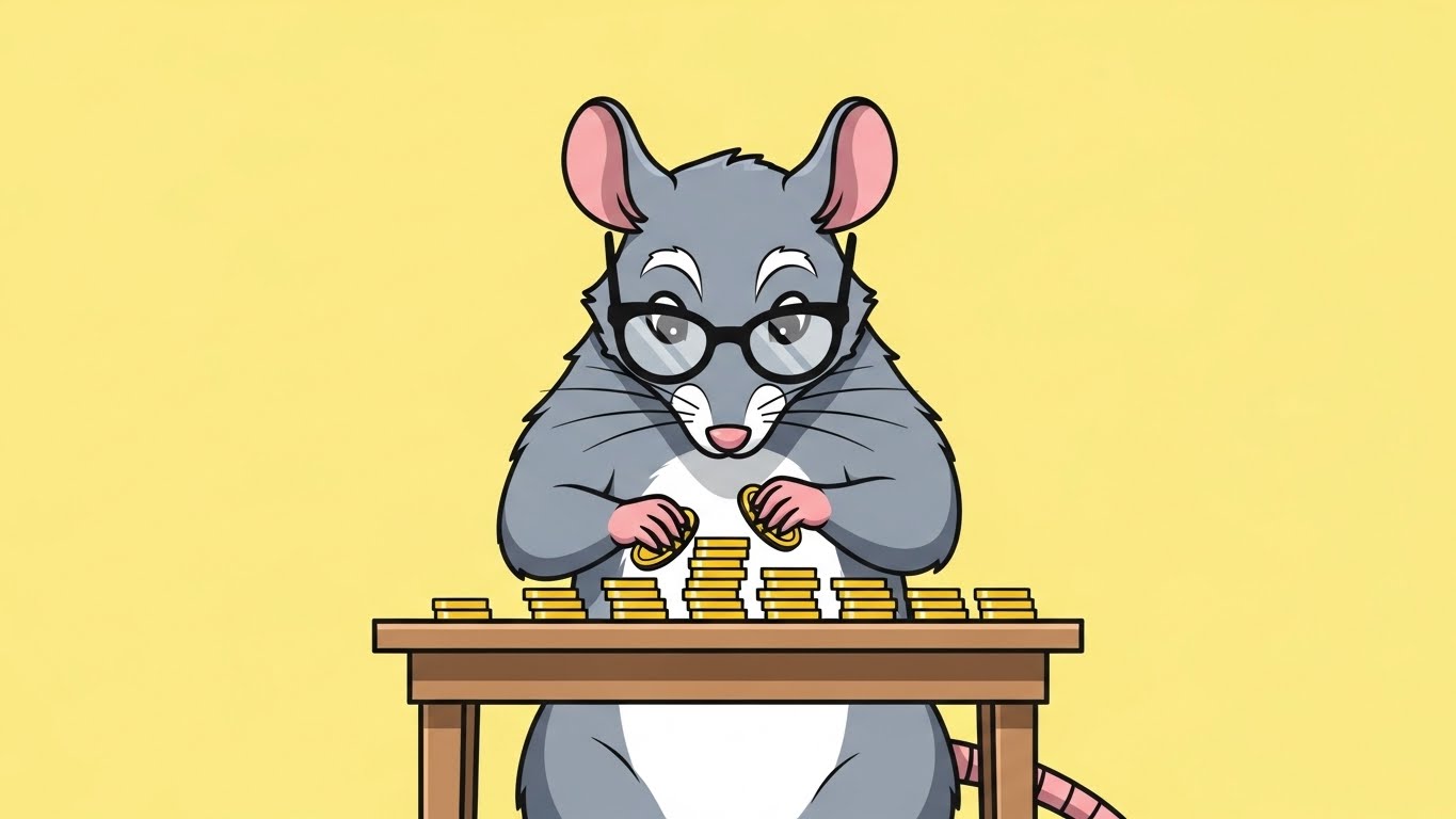 책상에서 금화를 정리하며 내실을 다지는 똑똑한 쥐 캐릭터의 2D 플랫 벡터 일러스트