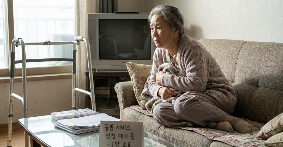 퇴원 후 홀로 집에 남아 돌봄이 필요한 상황에서 걱정스러워하는 어르신의 모습