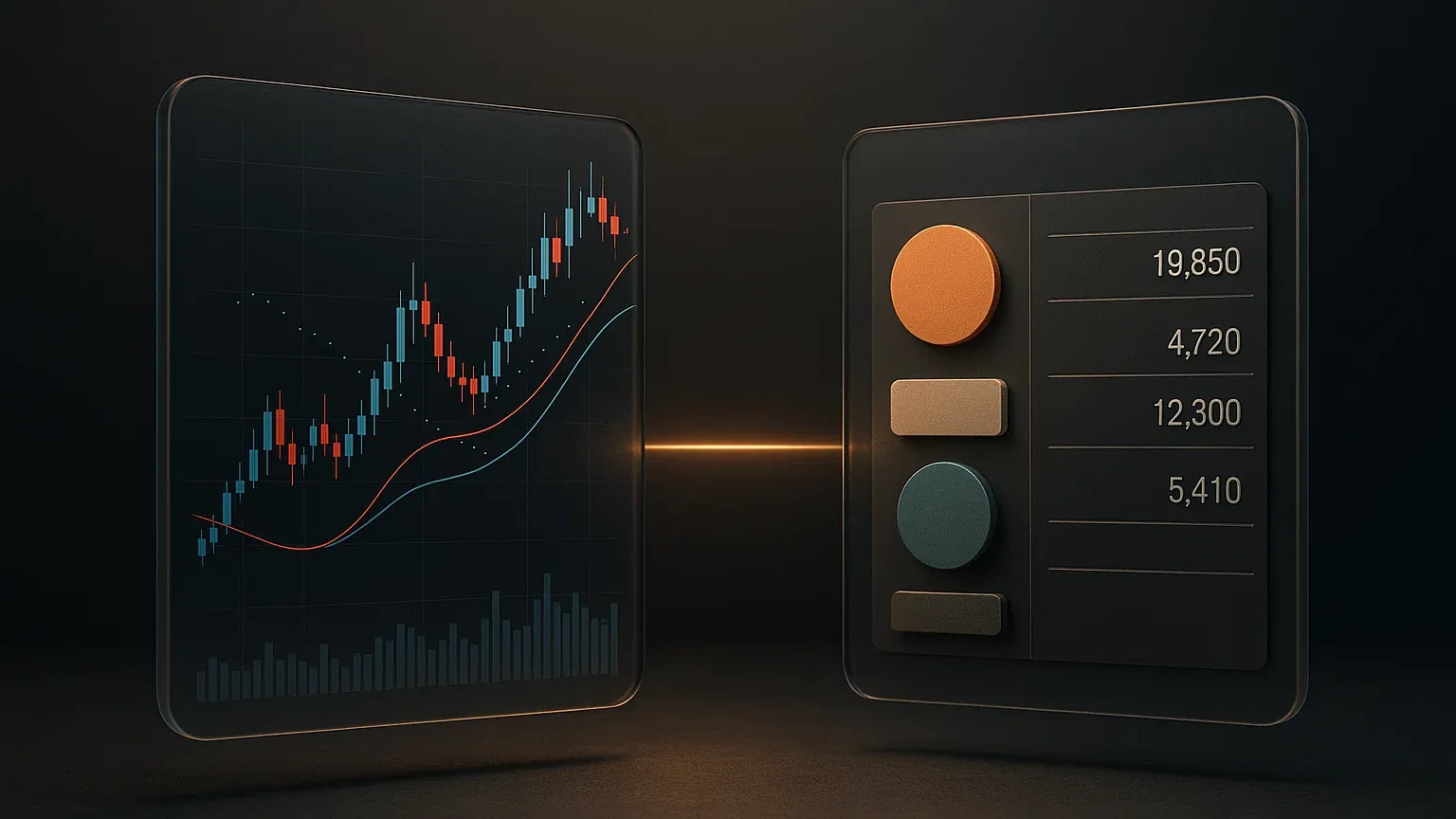 기술적 분석 차트와 기본적 분석 재무제표가 나란히 놓인 모습으로 두 분석법의 대비를 보여주는 이미지