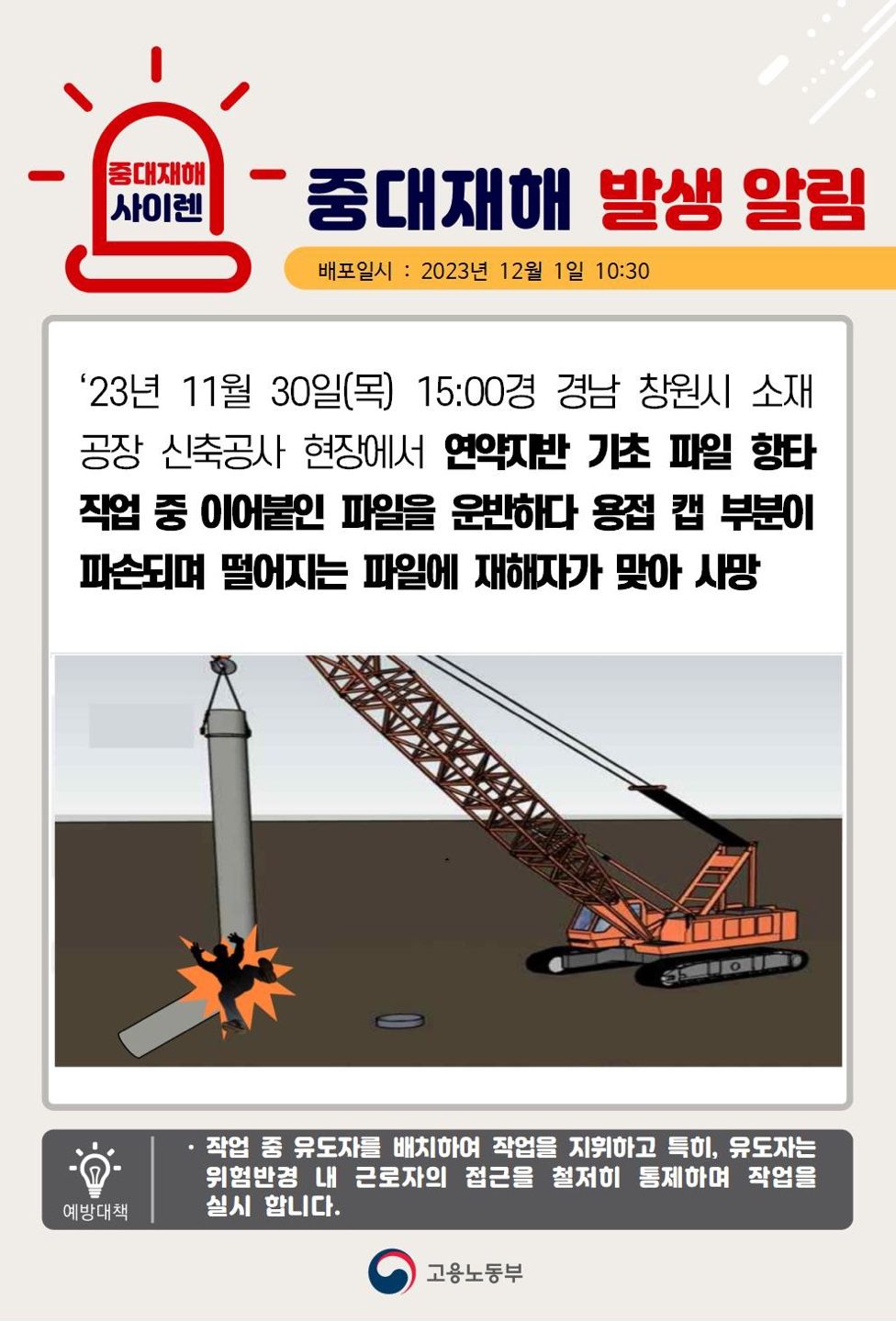 크레인으로 이어붙인 파일 운반 중 이어붙인 부분이 파손되며 떨어져 맞음