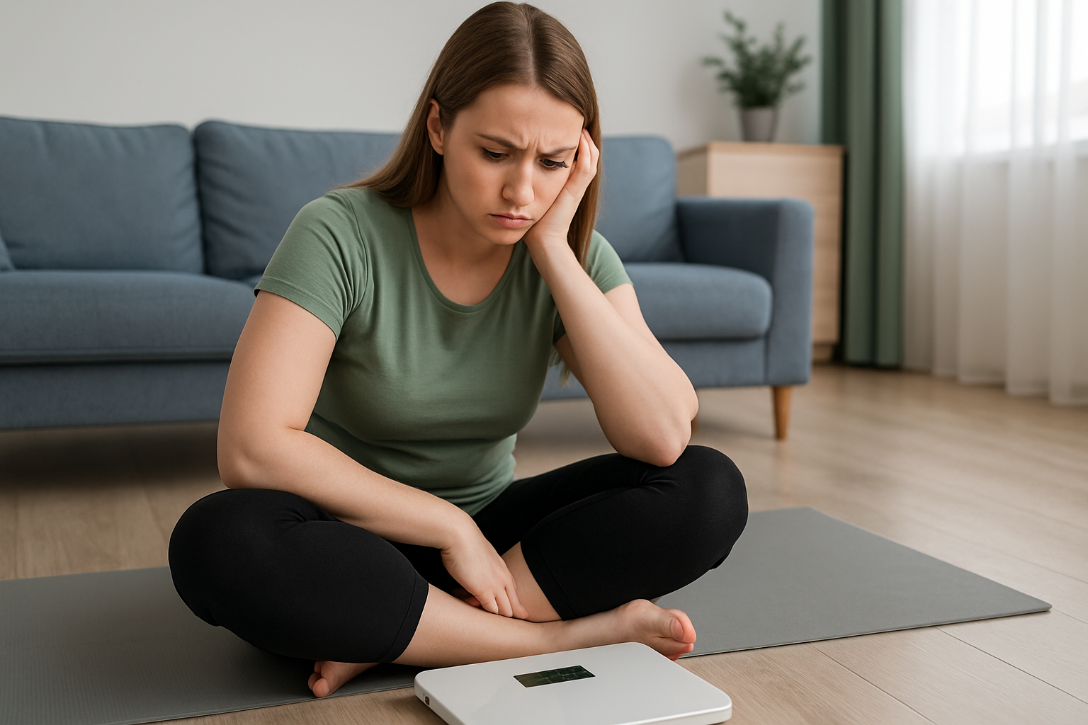 체중계 숫자에 집착하며 고민하는 여성의 모습