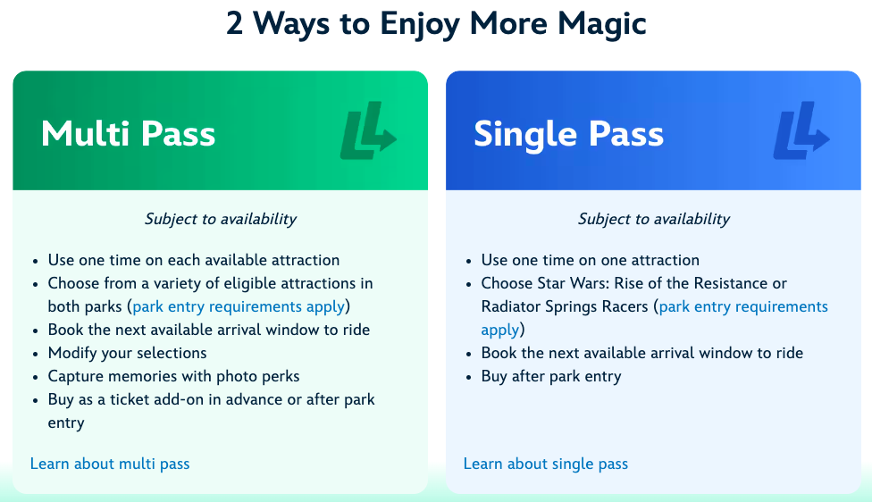 새로운 이름으로 변경된 라이트닝 레인, 멀티 패스와 싱글 패스 이용이 영어로 설명으로 디즈니랜드 공식 홈페이지에 명시된 정확한 내용을 직접 확인하고 싶은 사람들을 위한 사진입니다.