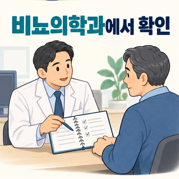 비뇨의학과 의사와 남성 환자가 증상 기록을 보며 상담하는 모습