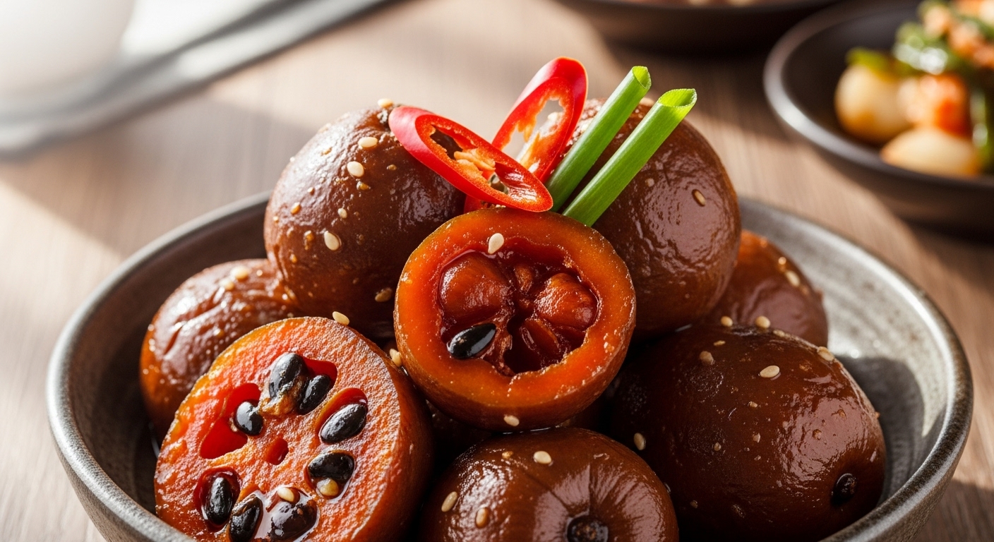 간장 양념에 맛있게 재워진 고욤나무 열매 장아찌가 먹음직스럽게 담겨 있습니다.