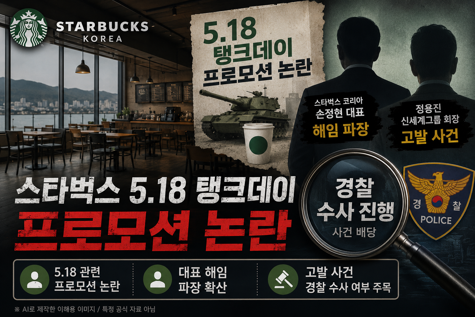 스타벅스 코리아 로고와 텅 빈 호남 지역 매장 내부 전경을 배경으로, 스타벅스 5.18 탱크데이 프로모션 논란과 손정현 대표 해임 및 정용진 신세계그룹 회장 고발 사건 경찰 수사를 다룬 블로그 포스팅 썸네일 이미지 구조.