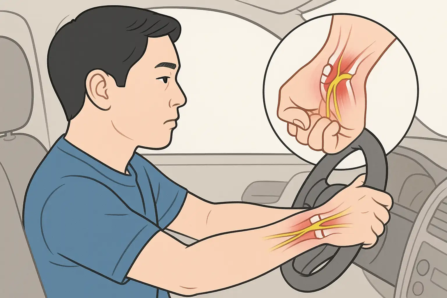 운전자가 손목을 꺾으며 핸들을 돌리는 장면. 손목터널이 좁아지고 신경이 압박되는 모습