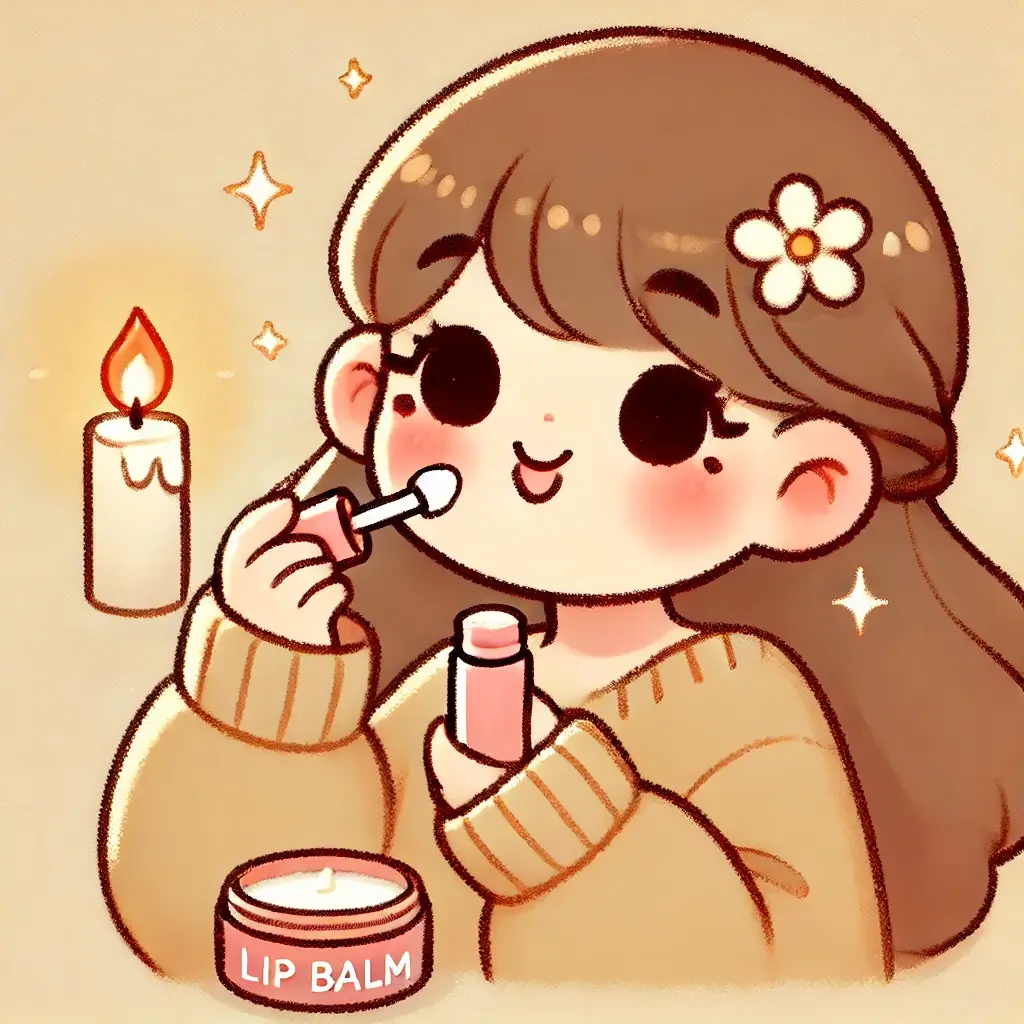 립밤을 바르는 여성을 따뜻하고 귀엽게 그린 일러스트.