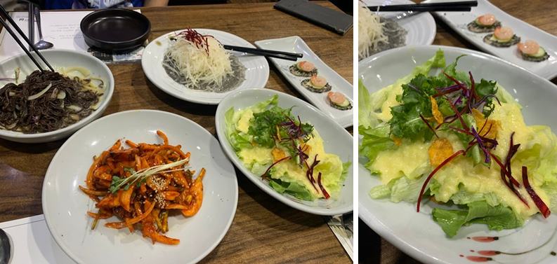 유자샐러드, 오징어 초무침, 해초국수, 감자채 샐러드