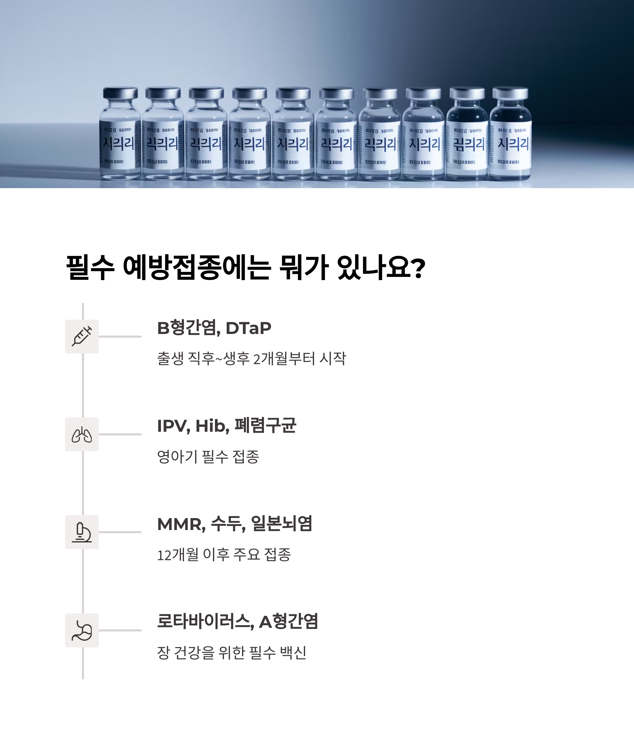 백신 바이알과 함께 백신별 접종 시기를 정리한 도표형 이미지