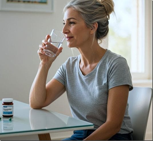 자궁내막증식증 치료제 복용하는 중년 여성 사진
