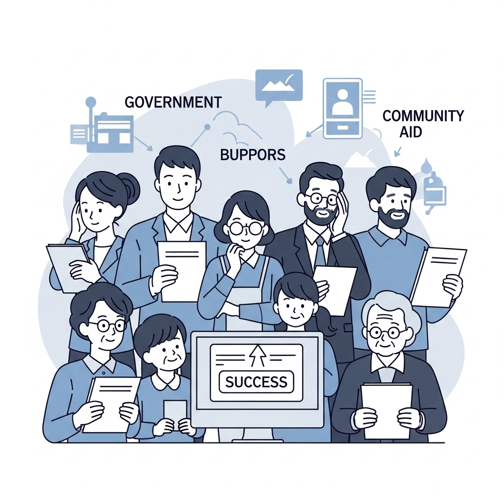 다양한 사람들이 재난지원금 신청 서류를 들고 컴퓨터 화면을 보며 안도하는 모습, 정부 지원을 상징하는 배경.