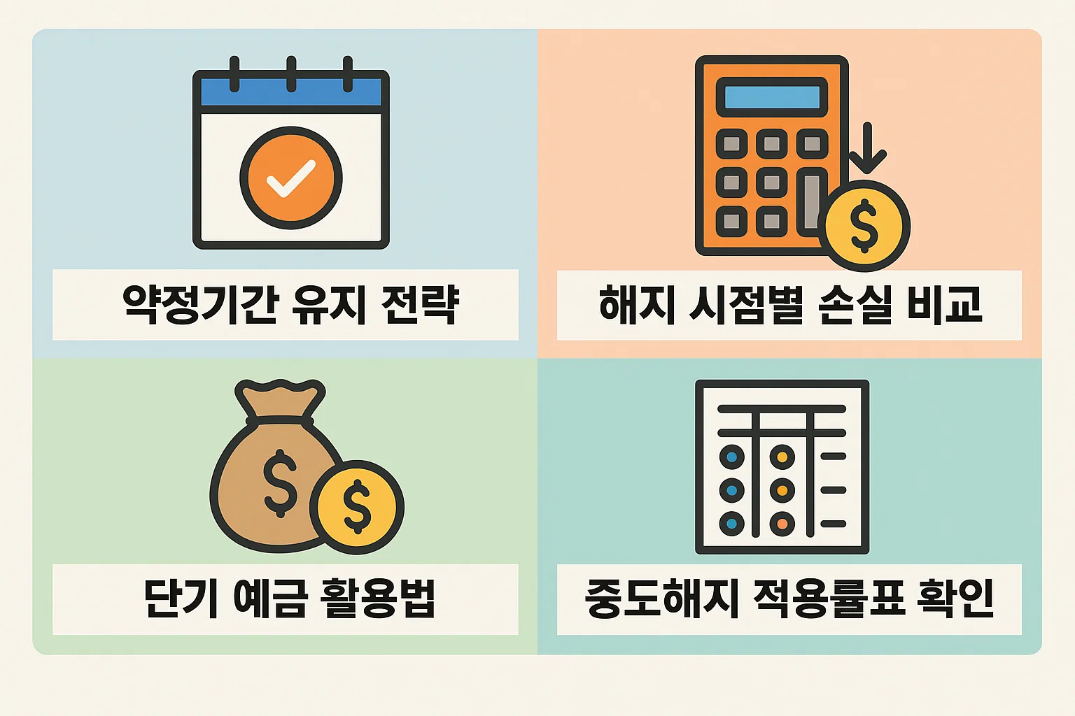 약정기간 유지 전략, 해지 시점별 손실 비교, 단기 예금 활용법, 중도해지 적용률표 확인 등 실전 이율 관리 전략 인포그래픽.