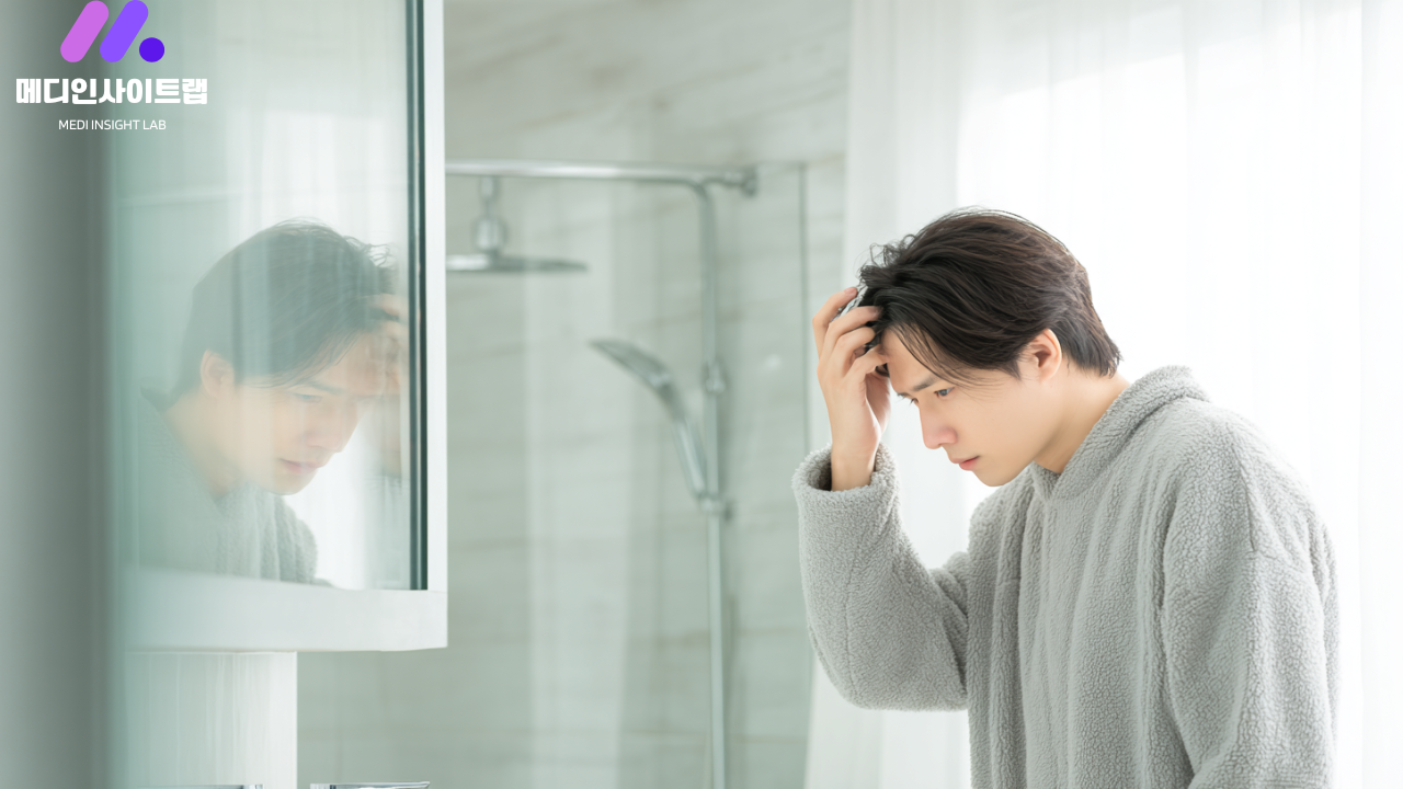 탈모로 인해 머리카락이 빠지는 것을 확인하는 한국인 남성의 모습