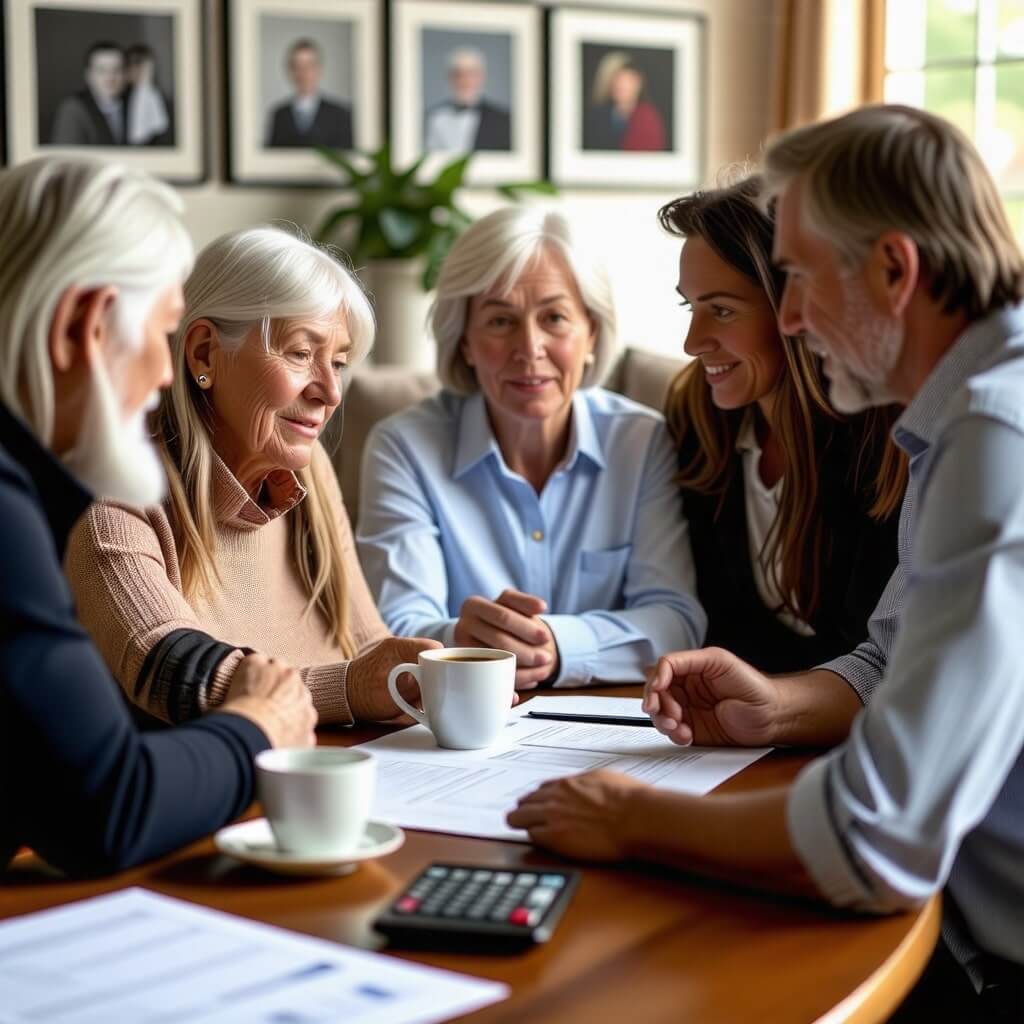 가족 회의: 여러 세대가 모여 앉아 상속세에 대해 논의하는 모습. 테이블 위에는 문서와 계산기가 놓여 있다.