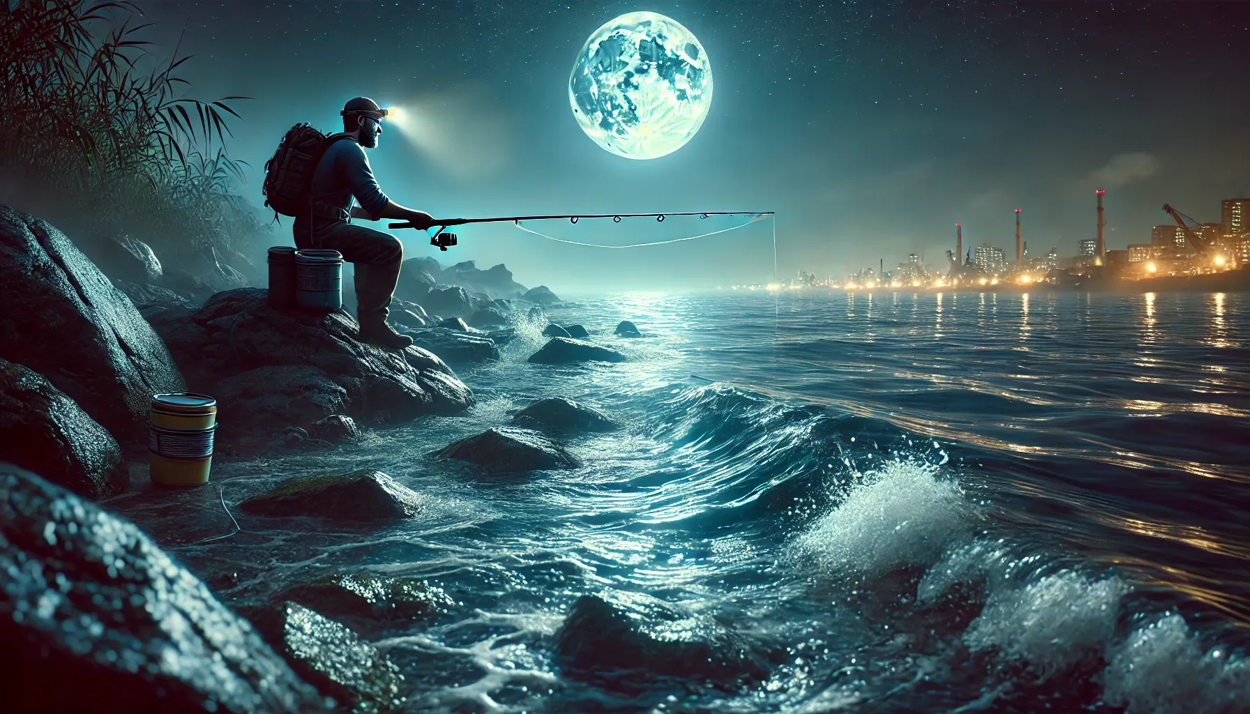 밤바다 갯바위에서 낚시하는 어부의 모습