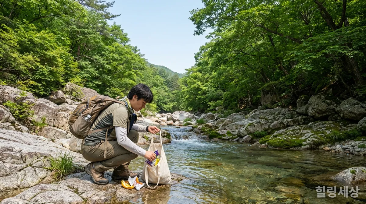 강원도 계곡에서 쓰레기를 되가져가는 모습