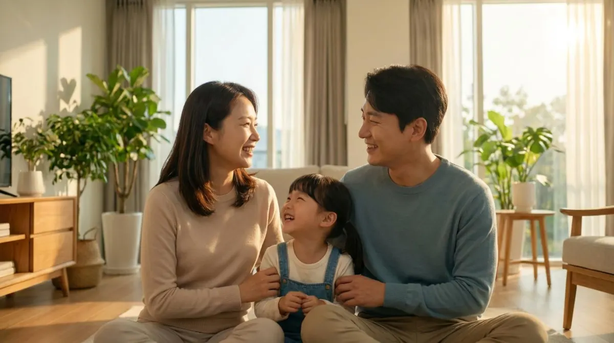 부동산 공시가격 확인과 세금 대책을 마친 후 밝은 햇살이 비치는 거실에서 안도하며 행복하게 웃고 있는 한국인 가족의 모습