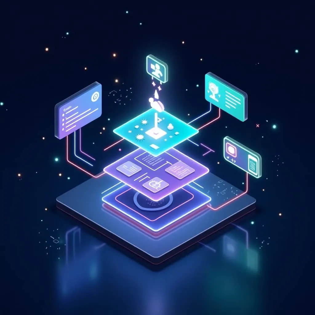 오픈AI데브데이: OpenAI Codex 클라우드 기반 멀티태스킹 시스템을 표현한 등각 투영 3D 일러스트. 4개의 플랫폼 레이어가 수직으로 쌓여있고&amp;#44; 클라우드 컴퓨팅과 AI 작업 처리 흐름을 시각화함.