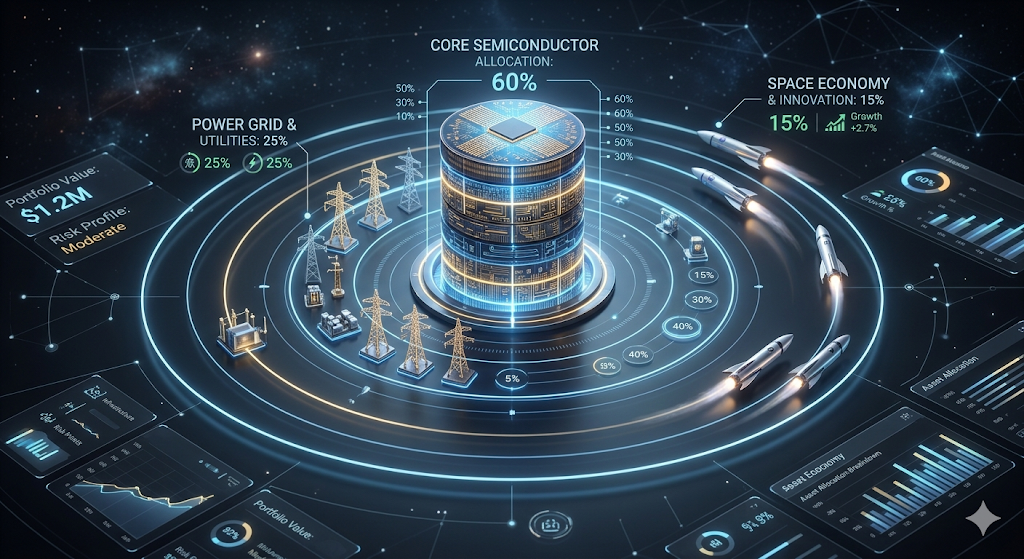 60%의 단단한 반도체 기둥(Core) 주변으로 40%의 전력 인프라와 우주항공 로켓(위성)이 안정적으로 궤도를 돌고 있는 완벽한 자산 배분 인포그래픽