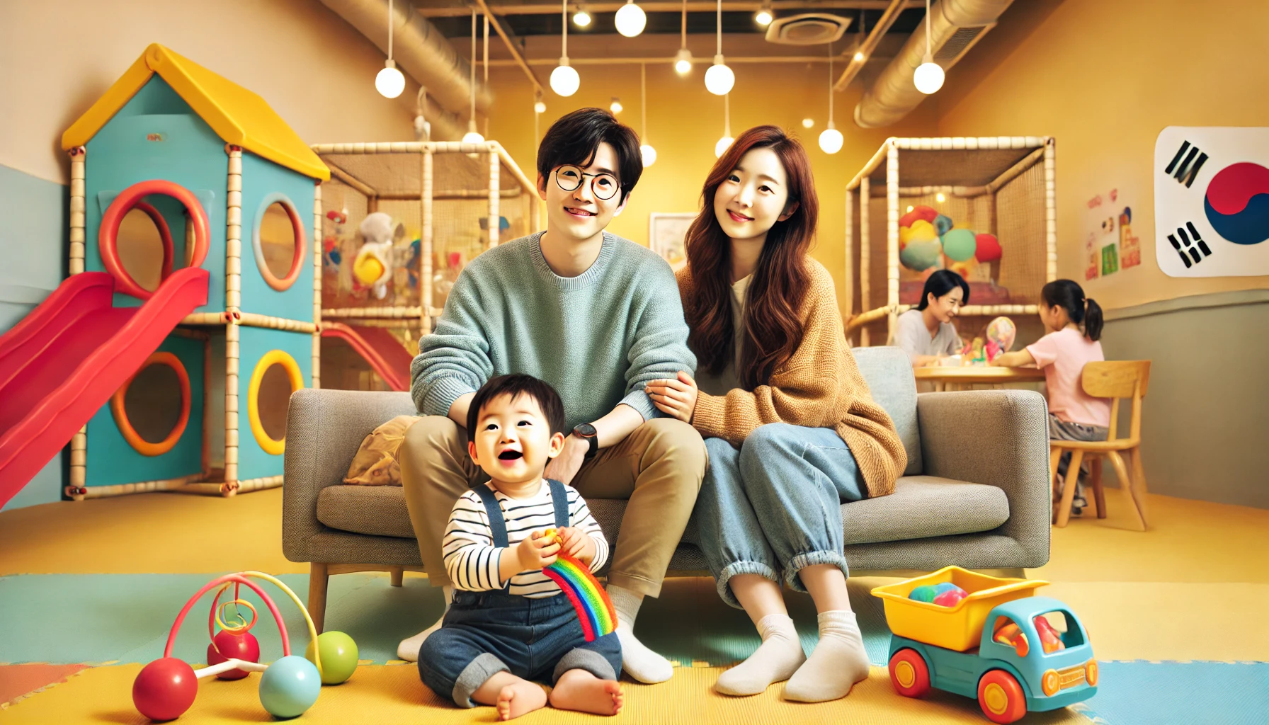 한국인 가족이 실내 키즈카페에서 즐겁게 시간을 보내는 장면