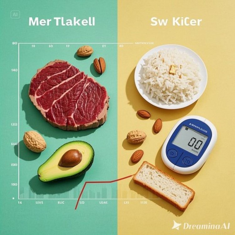 한 쪽에는 스테이크, 아보카도, 견과류 등이 있고 다른 쪽에는 연속혈당측정기 그래프가 평평한 선을 그리는 모습. 대조적으로 쌀밥, 빵 옆에는 급격히 상승하는 혈당 곡선이 표시된 비교 이미지. 깔끔하고 의료적인 느낌의 배경.