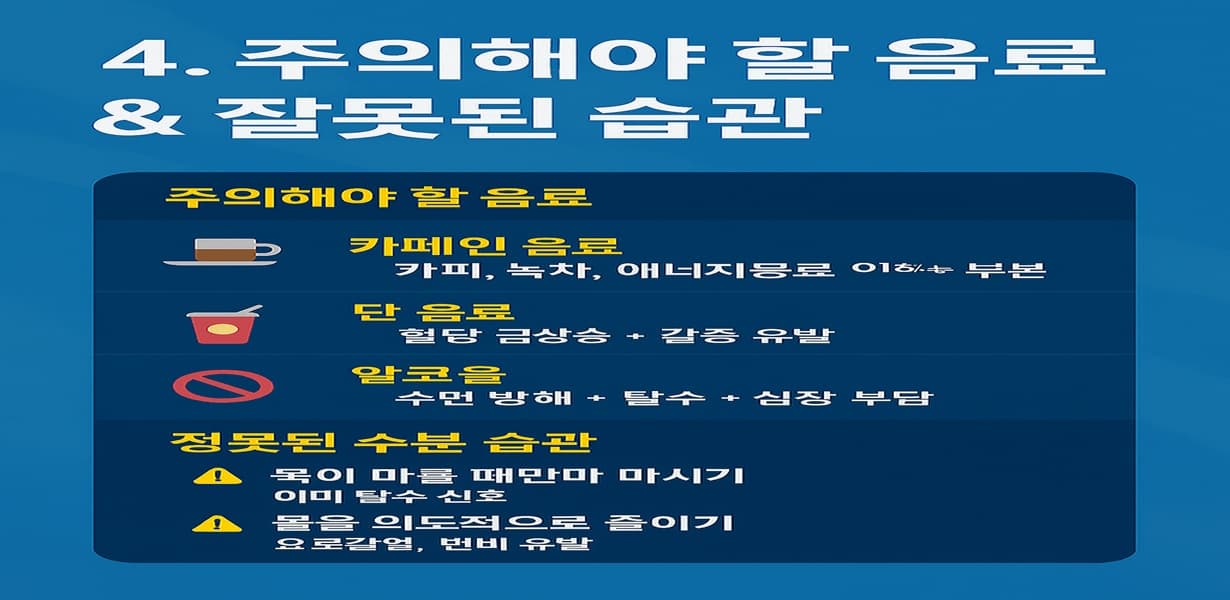 “고령자가 주의해야 할 음료와 잘못된 수분 섭취 습관을 정리한 인포그래픽”