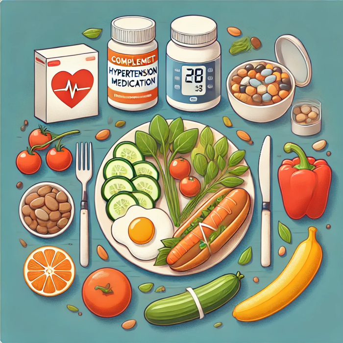 혈압약과 함께 섭취하기 좋은 건강한 음식을 강조한 균형 잡힌 식사의 일러스트