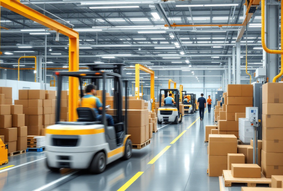 지게차를 이용해 박스 짐을 옮기는 모습