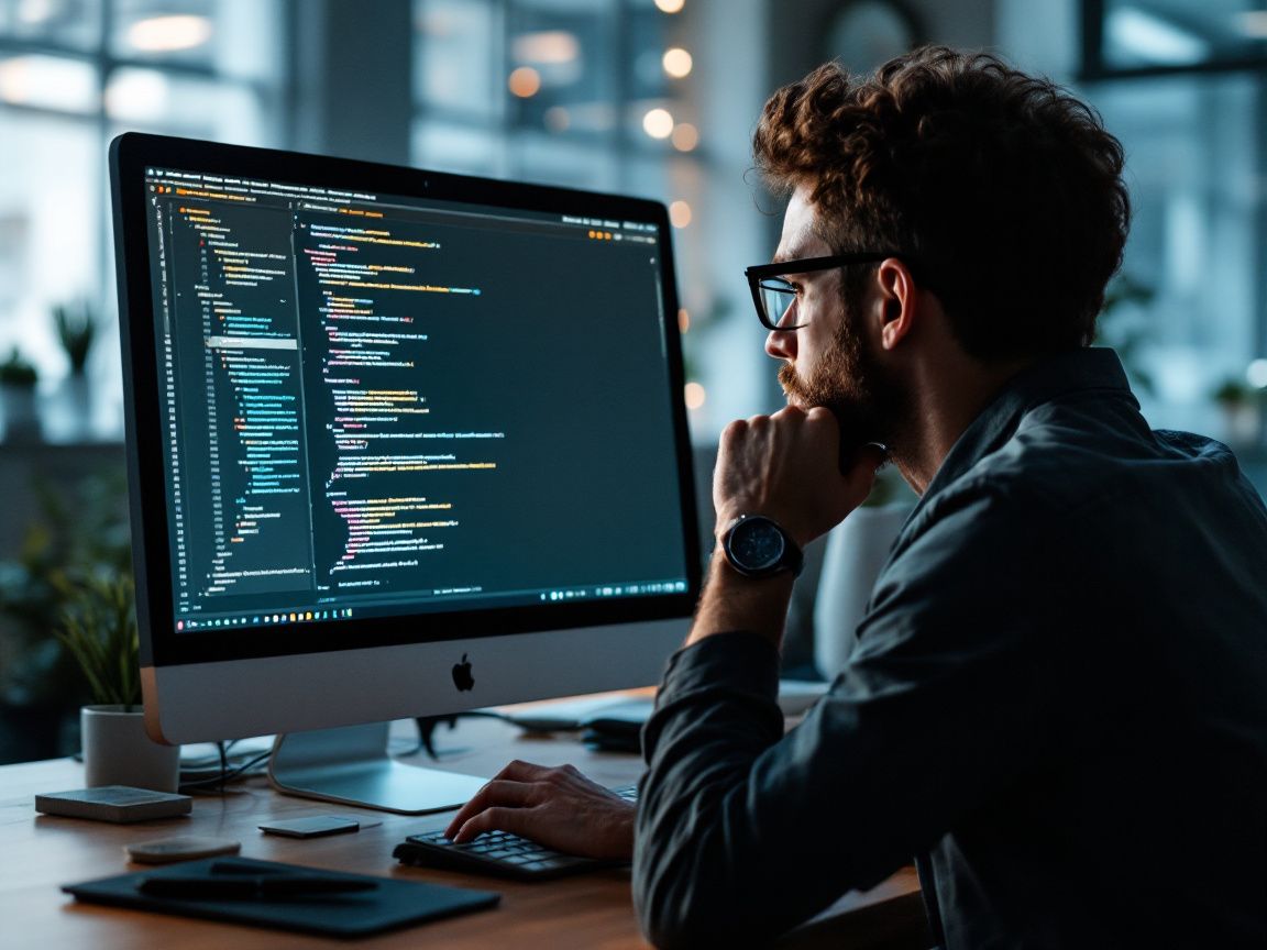 A man is looking at an HTML code.