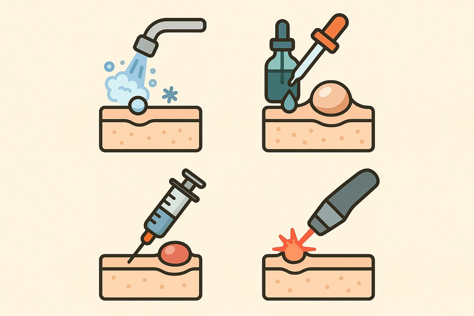 다양한 병원치료, 냉동치료(질소 분사),칸타리딘 도포(수포 생성),면역주사(항원 주사기),레이저&middot;소작 치료 아이콘