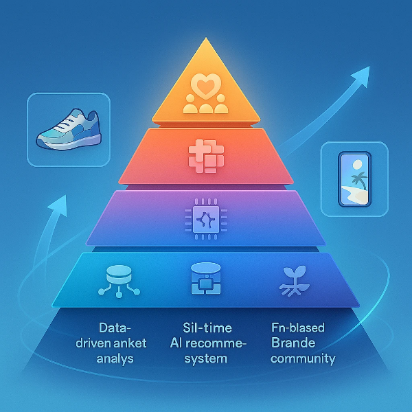 하늘색 배경 위에 다층 피라미드 구조로 구성된 토핑경제 기업 성공 전략 인포그래픽으로, 각 층은 데이터 분석, 커스터마이징, AI 추천, 브랜드 경험, 팬덤 커뮤니티로 구성되며 아이콘과 성장 화살표가 함께 배치된 미래형 비즈니스 일러스트