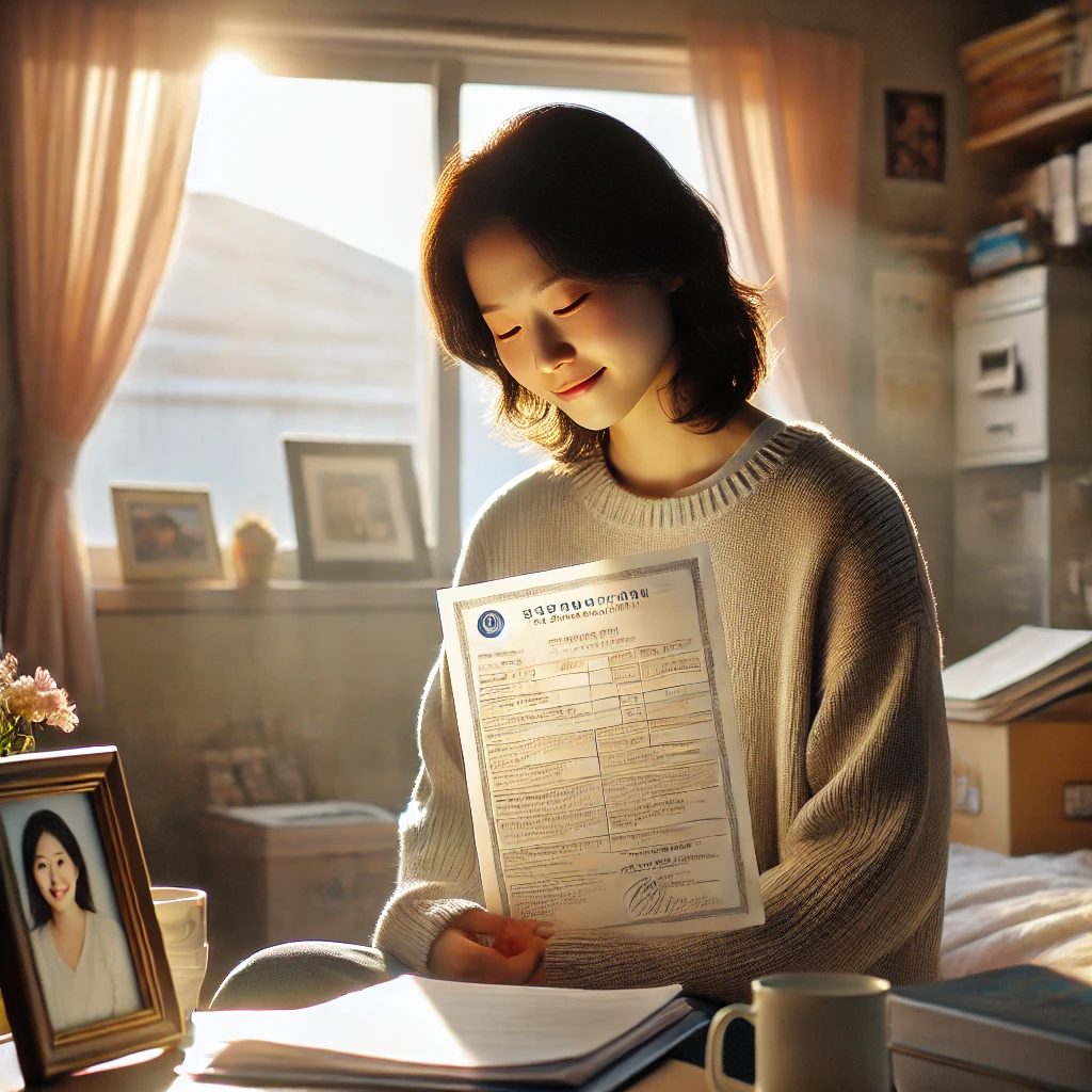 피해자가 집 안에서 지원 서류를 들고 미소 짓는 회복의 모습